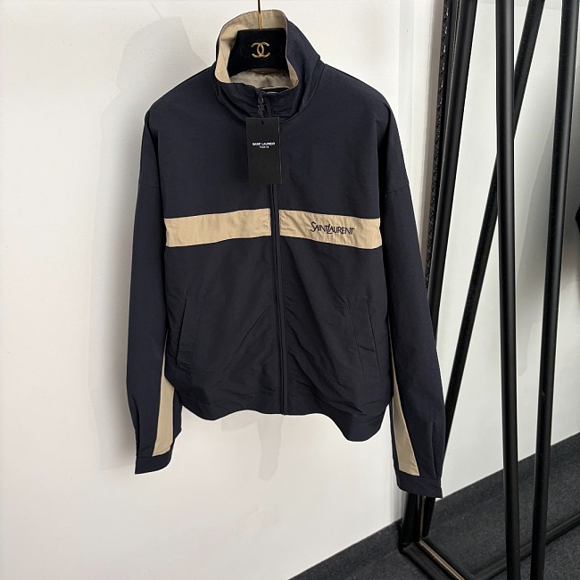 Embroidered Letter Colorblock Stand Collar Zip Up Windbreaker Jacket
