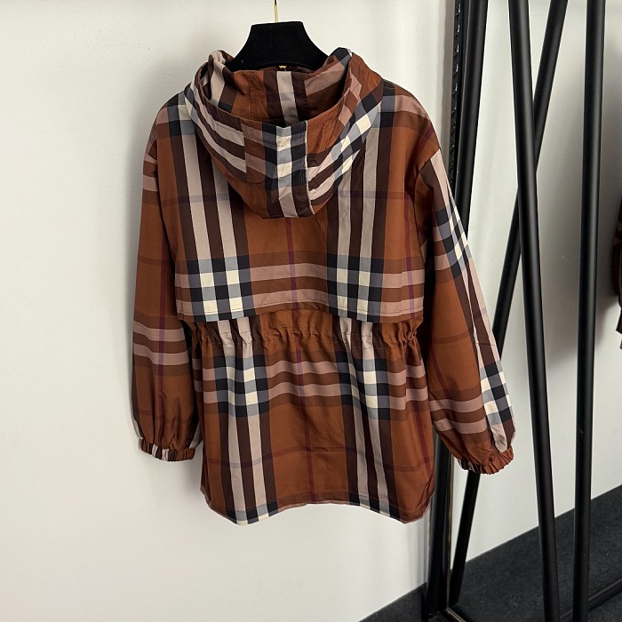 Contrast Plaid Print Letter Lining Hooded Trench Coat
