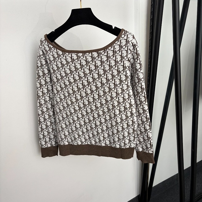 Shimmer Monogram Jacquard Boat Neck Long Sleeve Knit Sweater
