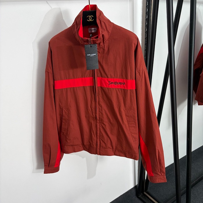 Colorblocked Striped Letter Embroidered Stand Collar Zip Up Windbreaker Jacket