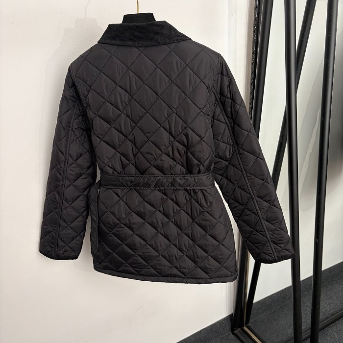 Plaid Lined Corduroy Lapel Diamond Quilted Belted Puffer Jacket