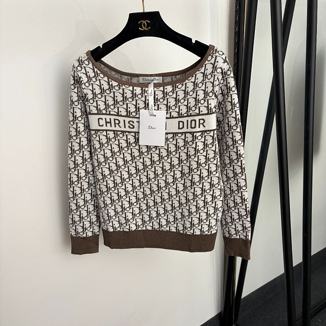 Shimmer Monogram Jacquard Boat Neck Long Sleeve Knit Sweater
