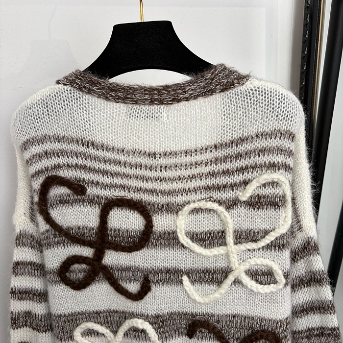 Striped V-Neck 3D Graphic Embroidered Jacquard Mohair Knit Cardigan