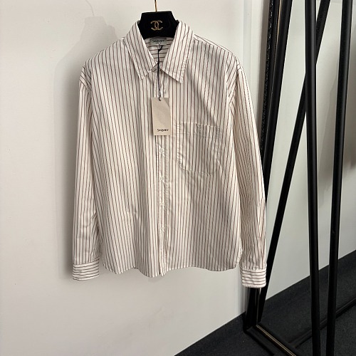 Classic Striped Letter Embroidered Single Pocket Button Down Shirt