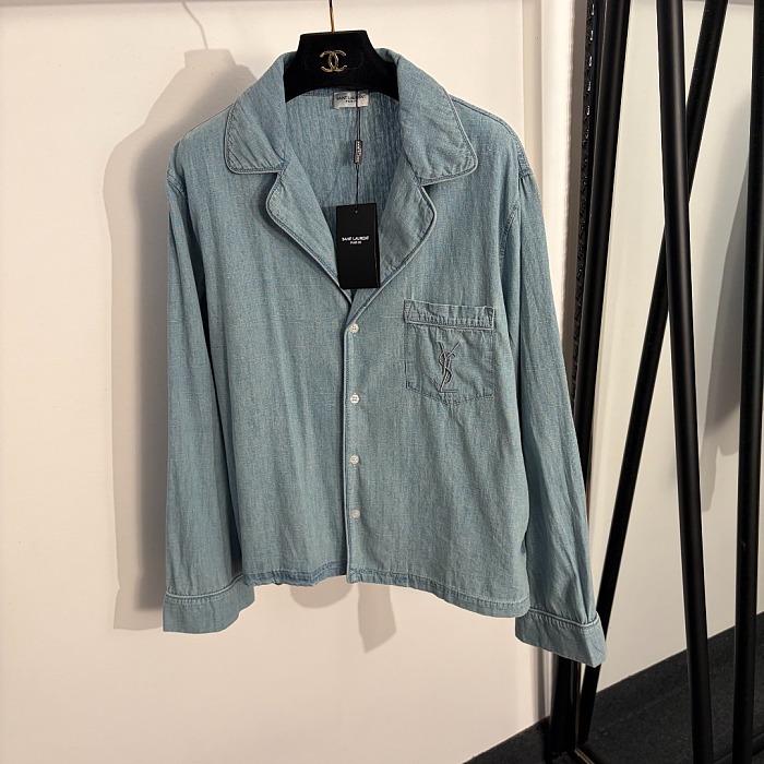 Letter Embroidered Single Pocket Long Sleeve Denim Shirt