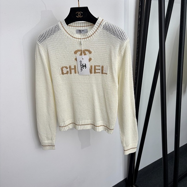 Metallic Letter Jacquard Sheer Mesh Long Sleeve Knitted Top