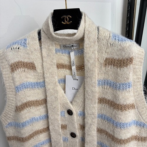Striped V-Neck Pom-Pom Tie Ribbed Knit Sweater Vest