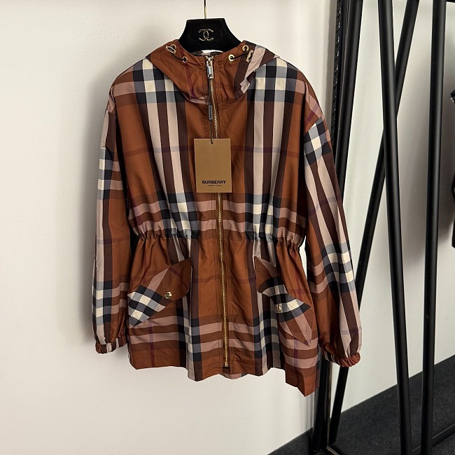 Contrast Plaid Print Letter Lining Hooded Trench Coat
