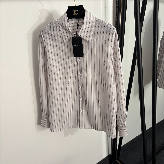 Classic Striped Embroidered Icon Detail Button Up Long Sleeve Shirt