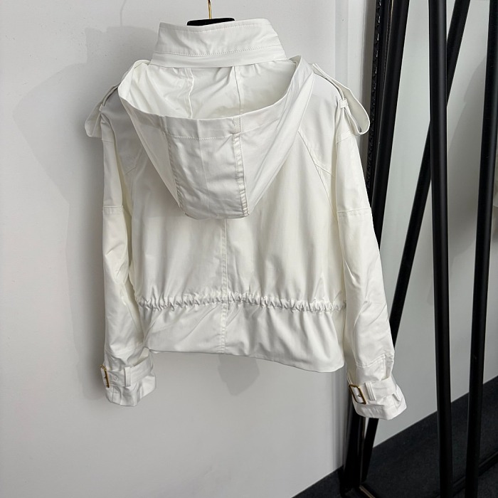 Plaid Trim Drawstring Waist Hooded Crop Trench Coat