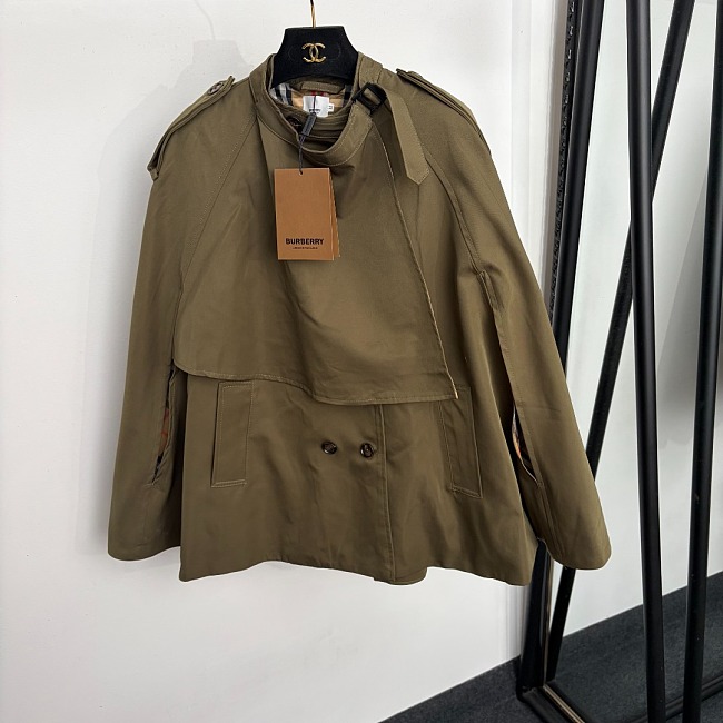 Plaid Lined Double Breasted Hooded Trench Cape Jacket