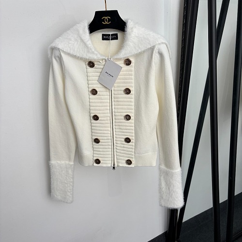Fuzzy Lapel Double Breasted Long Sleeve Knit Cardigan Top