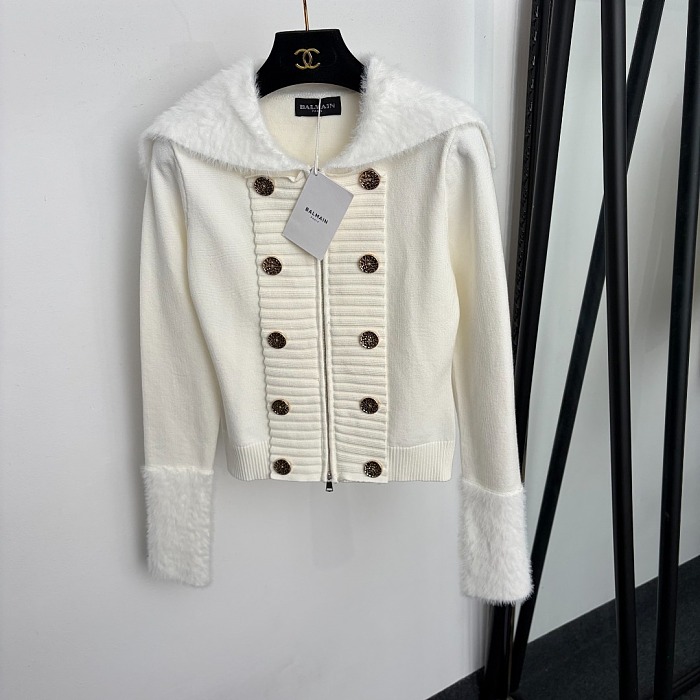 Fuzzy Lapel Double Breasted Long Sleeve Knit Cardigan Top