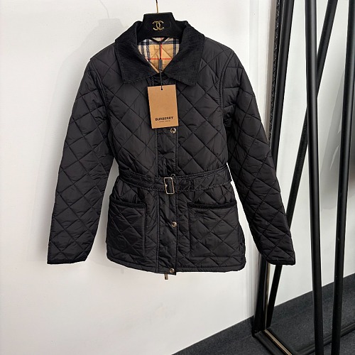 Plaid Lined Corduroy Lapel Diamond Quilted Belted Puffer Jacket