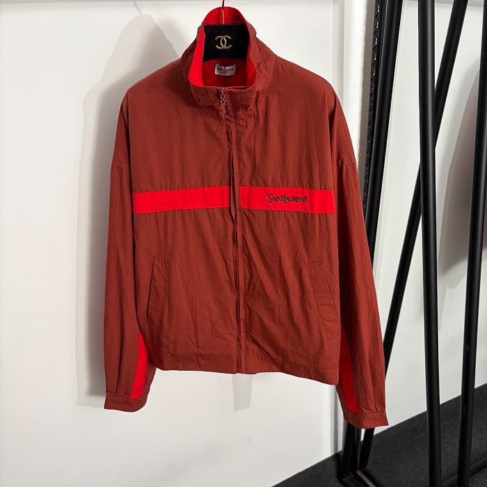 Colorblocked Striped Letter Embroidered Stand Collar Zip Up Windbreaker Jacket
