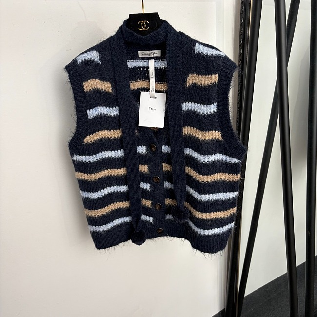 Striped Pom Pom Tie V Neck Knit Vest