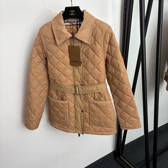 Plaid Lined Corduroy Diamond Quilted Belted Puffer Coat