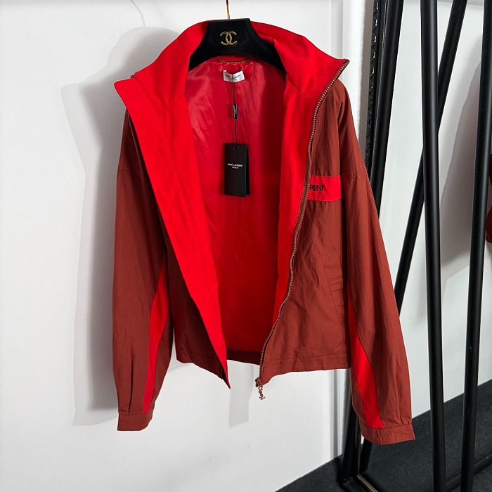 Colorblocked Striped Letter Embroidered Stand Collar Zip Up Windbreaker Jacket