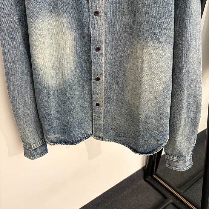 Minimalist Letter Embroidered Distressed Wash Denim Shirt Jacket
