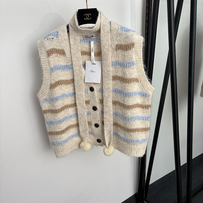 Striped V-Neck Pom-Pom Tie Ribbed Knit Sweater Vest