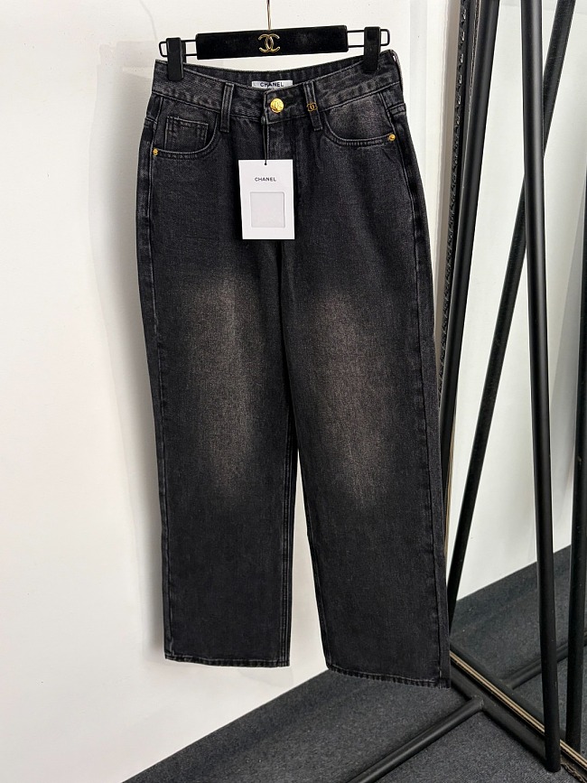 Double C Embroidered Back Pocket High Waist Straight Denim Jeans
