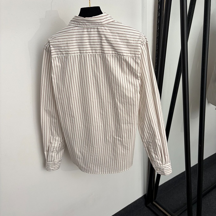 Classic Striped Letter Embroidered Single Pocket Button Down Shirt