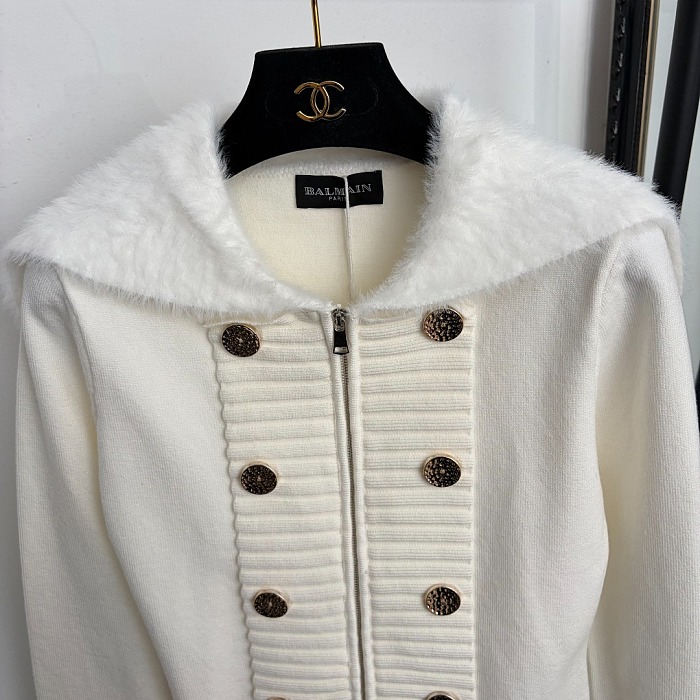 Fuzzy Lapel Double Breasted Long Sleeve Knit Cardigan Top