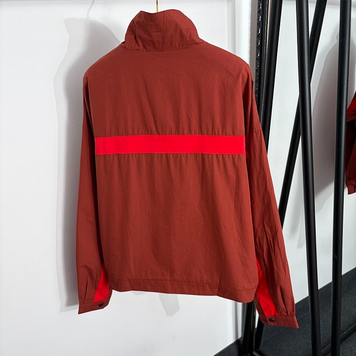 Colorblocked Striped Letter Embroidered Stand Collar Zip Up Windbreaker Jacket