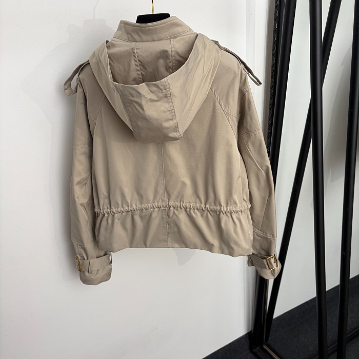 Plaid Trim Drawstring Waist Hooded Crop Windbreaker Jacket