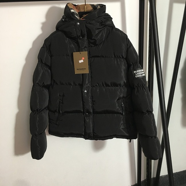 Letter Print Plaid Faux Fur Collar Hooded Puffer Jacket