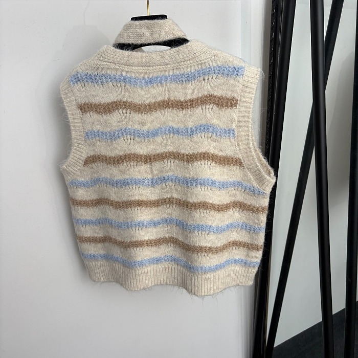 Striped V-Neck Pom-Pom Tie Ribbed Knit Sweater Vest