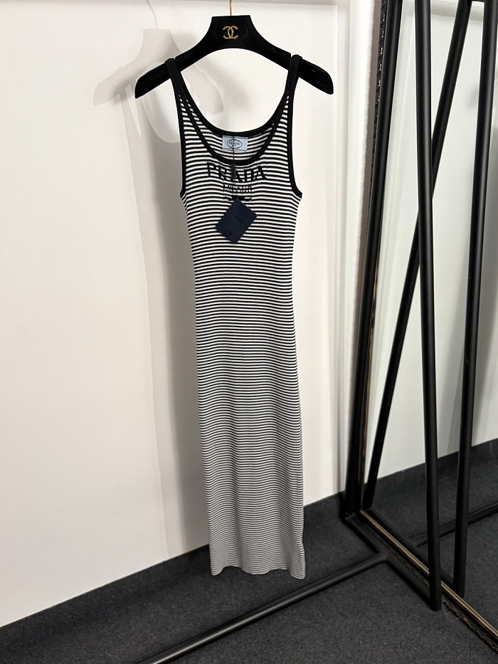 Striped Letter Graphic Knit Tank Midi Dress