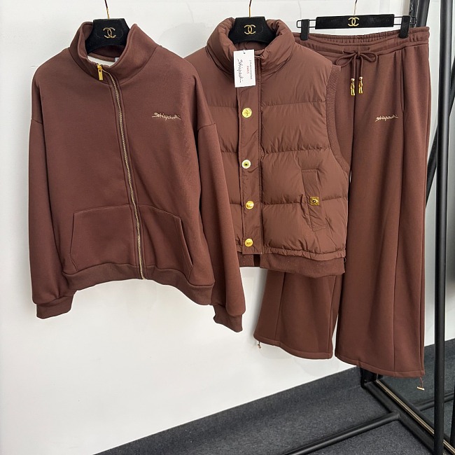 Metallic Lip Zip Puffer Vest Fleece Jacket Wide Leg Pants Three Piece Set