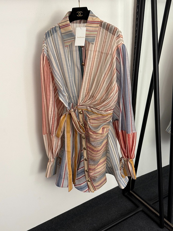 Colorblock Striped Self Tie Waist Lantern Sleeve Shirt Dress