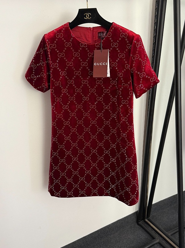 Rhinestone Monogram Graphic Short Sleeve Velvet Mini Dress