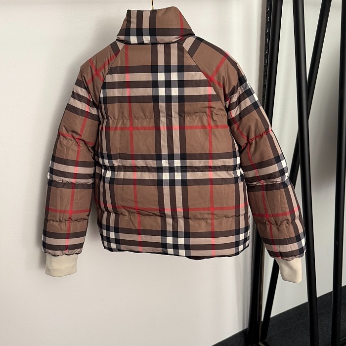 Contrast Plaid Reversible Stand Collar Long Sleeve Puffer Jacket