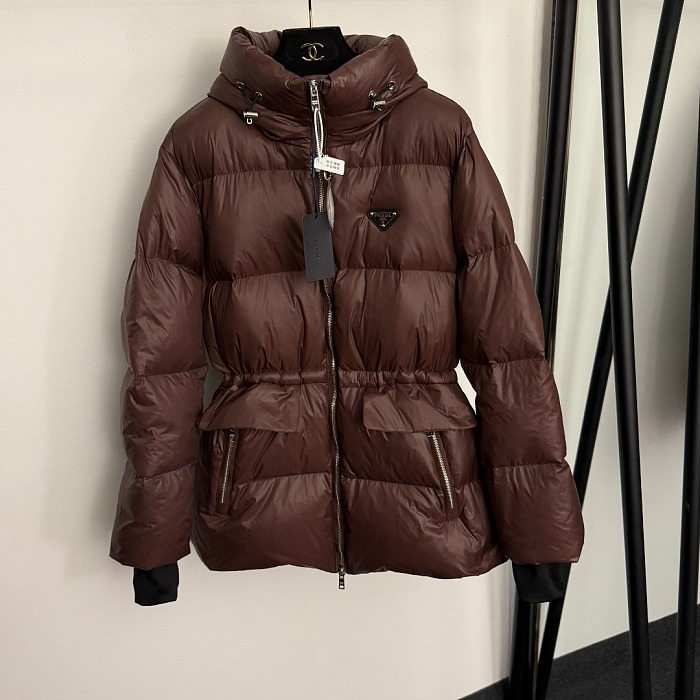 Icon Triangle Plaque Cinch Waist Hooded Puffer Coat