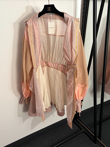 Asymmetrical Color Block Striped Self Tie Lantern Sleeve Mini Dress
