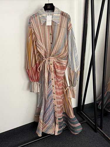 Contrast Striped Ruffle Tie Waist Lantern Sleeve Shirt Dress
