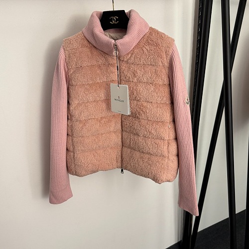 Fuzzy Shearling Panel Knit 90% White Duck Down Zip Puffer Jacket