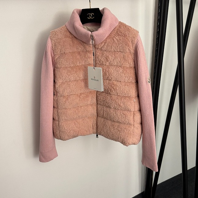 Fuzzy Shearling Panel Knit 90% White Duck Down Zip Puffer Jacket
