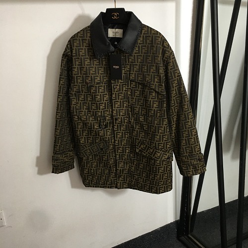 Vintage Monogram Jacquard Faux Leather Trim Lapel Trench Jacket