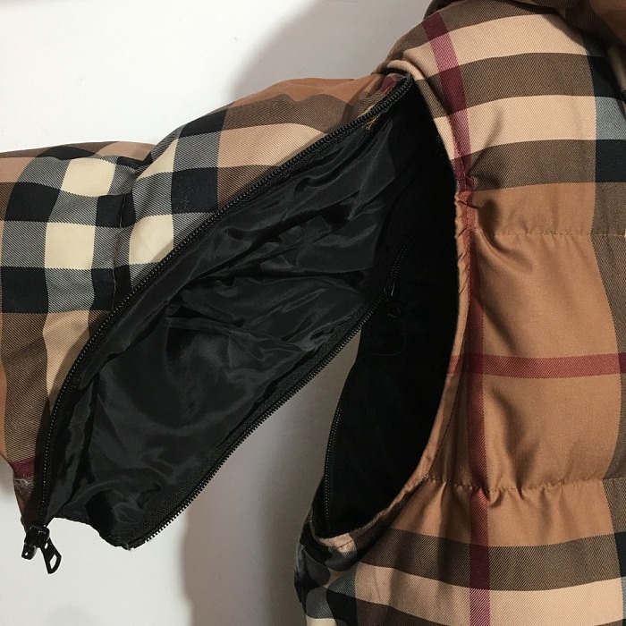 Contrast Plaid Drawstring Waist Hooded Detachable Sleeve Puffer Jacket