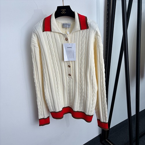 Contrast Lapel Half Button Cable Knit Pullover Sweater