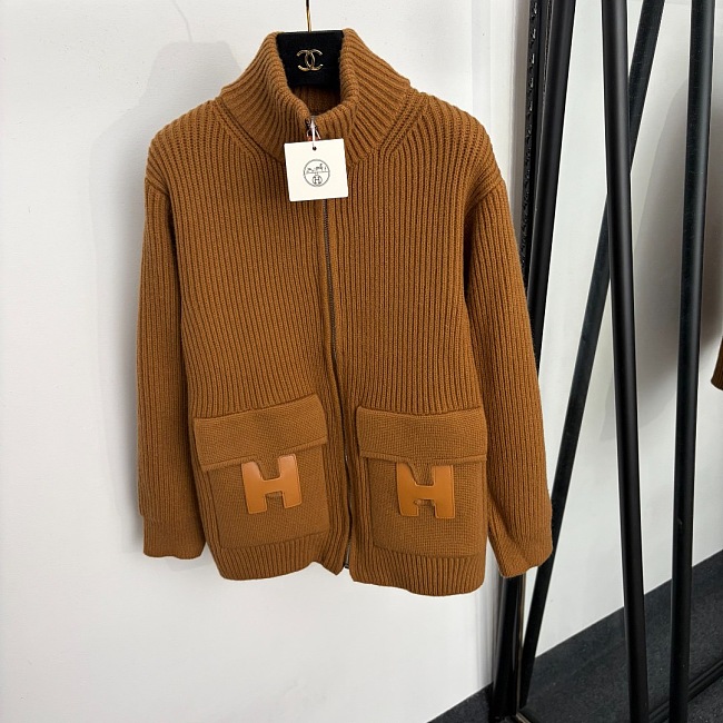 Mock Neck Pocket Detail Zip Up Knit Cardigan Jacket