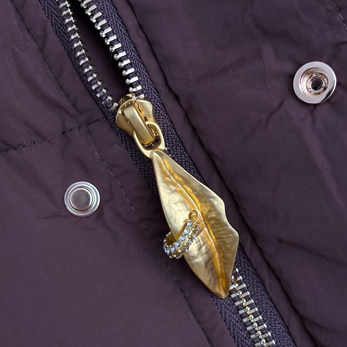 Metallic Lip Zip Puffer Vest Fleece Jacket Wide Leg Pants Three Piece Set