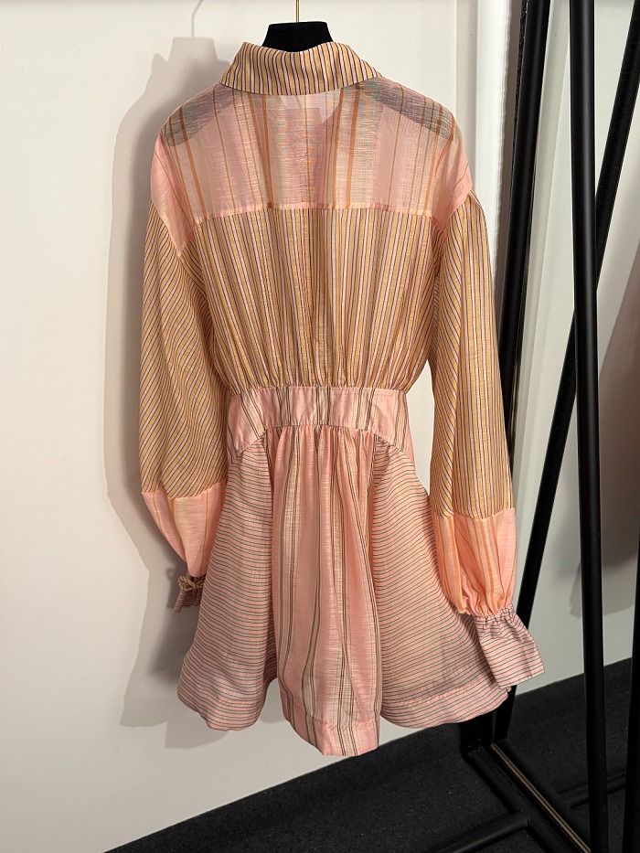 Asymmetrical Color Block Striped Self Tie Lantern Sleeve Mini Dress