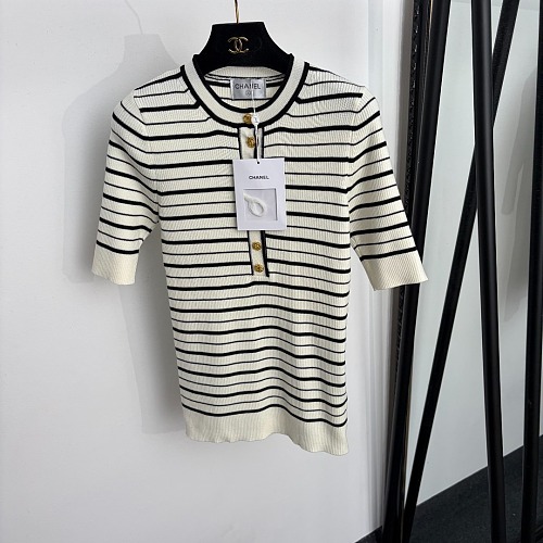 Striped Half Button Knit Top With Chic Metallic Buttons