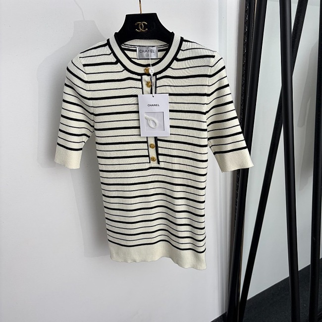 Striped Half Button Knit Top With Chic Metallic Buttons