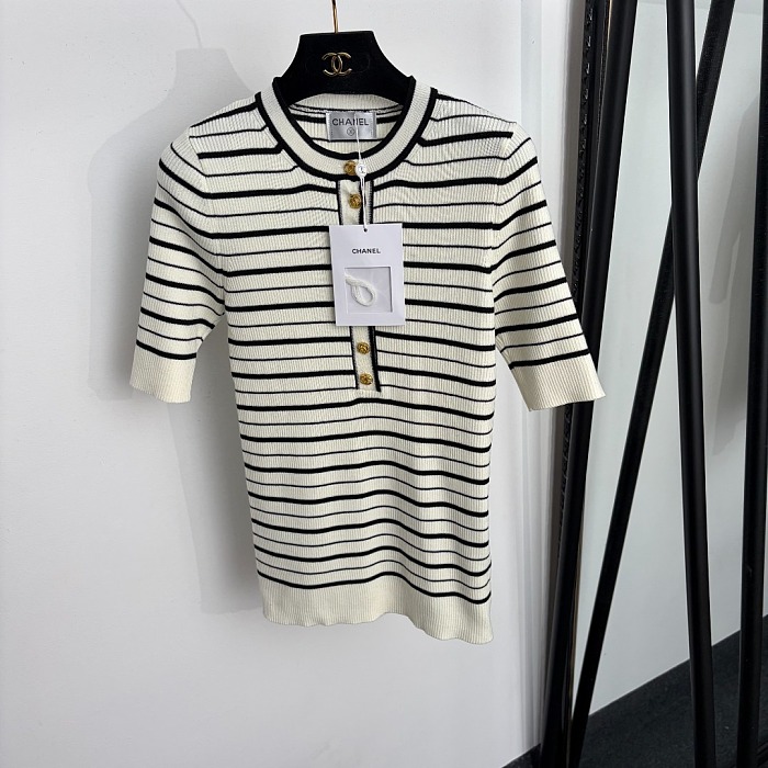 Striped Half Button Knit Top With Chic Metallic Buttons